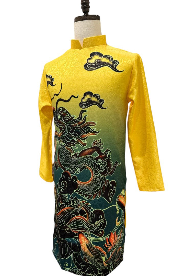 Pre-made Yellow Dragon Printed Ao Dai Men | Vietnamese Modern Ao Dai For Men | Men Dress | Ao Dai For Groomsmen | Áo Dài Nam