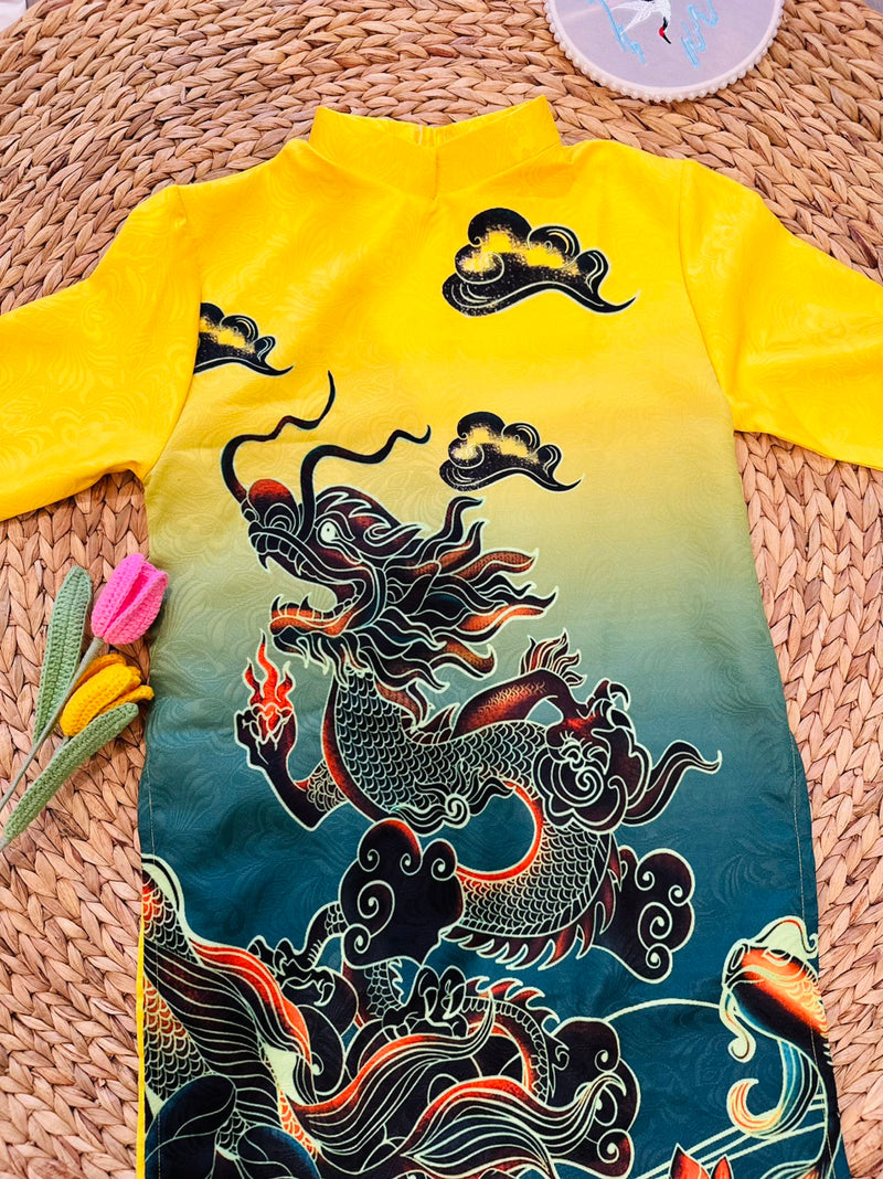 Pre-made Yellow Dragon Printed Ao Dai Men | Vietnamese Modern Ao Dai For Men | Men Dress | Ao Dai For Groomsmen | Áo Dài Nam