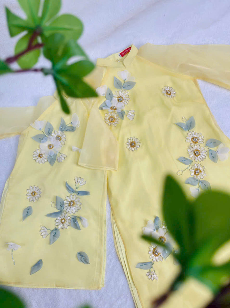 Yellow Floral Sparkle Modern Ao Dai | Matching Ao Dai Mom & Daughter | Áo Dài Đôi Mẹ Và Bé | Ao Dai Tet 2025