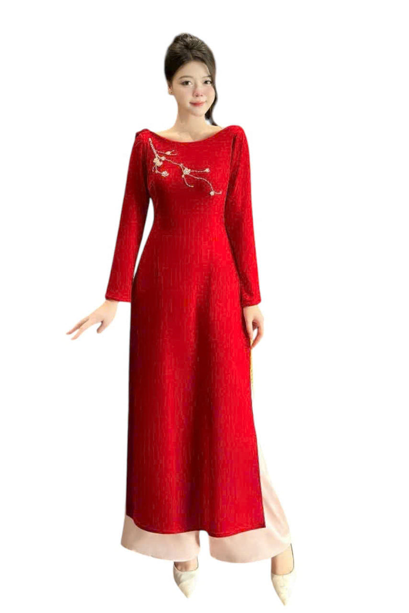 Red Velvet Modern Ao Dai Set - Áo Dài Kết Hoa | Vietnamese Ao Dai B11