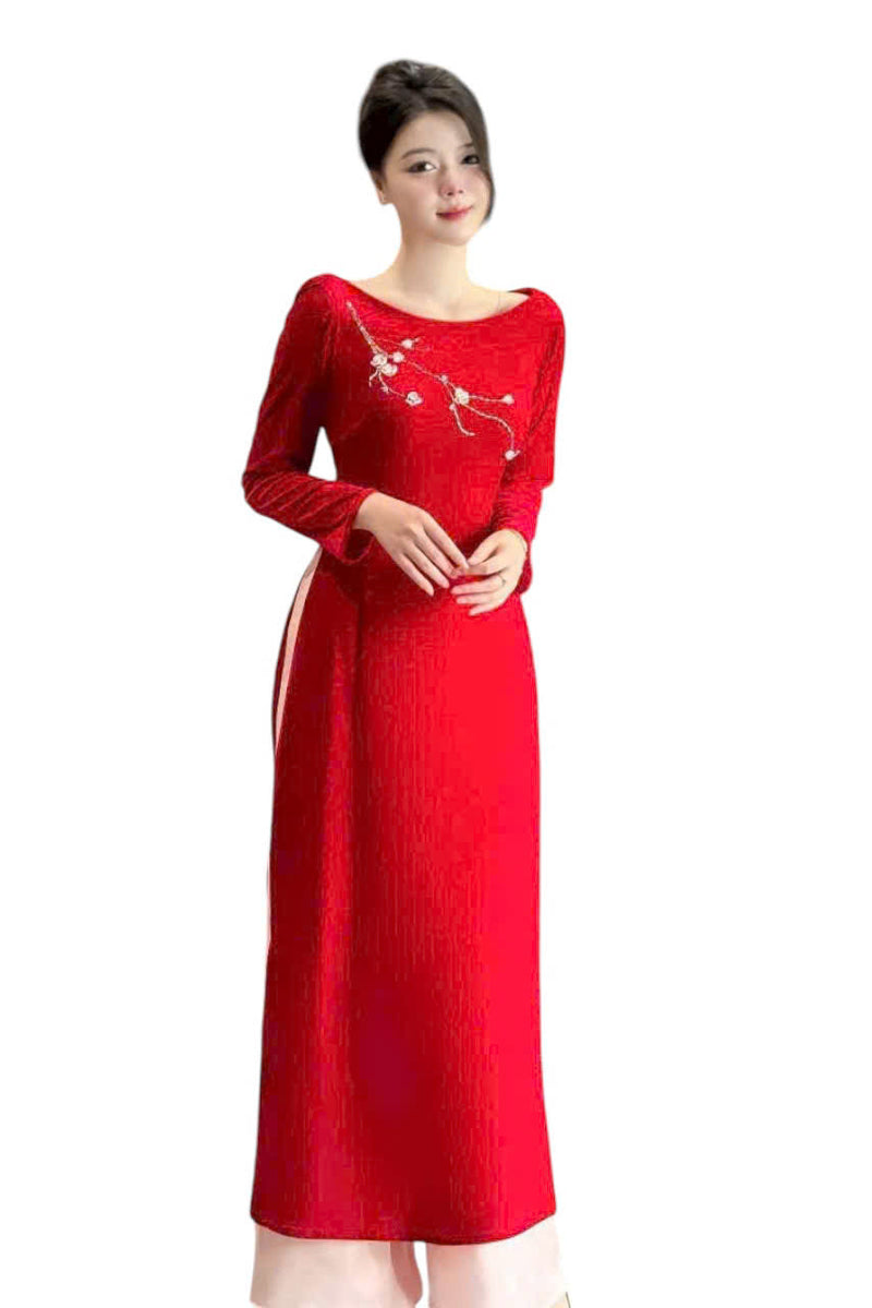 Red Velvet Modern Ao Dai Set - Áo Dài Kết Hoa | Vietnamese Ao Dai B11