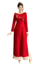 Red Velvet Modern Ao Dai Set - Áo Dài Kết Hoa | Vietnamese Ao Dai B11