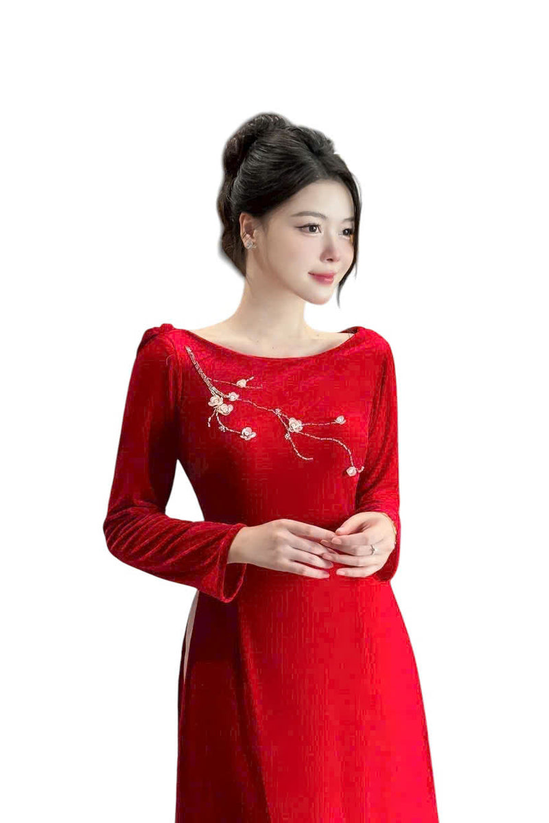 Red Velvet Modern Ao Dai Set - Áo Dài Kết Hoa | Vietnamese Ao Dai B11