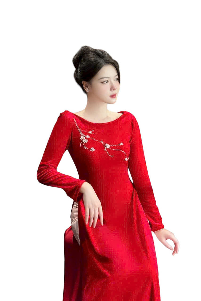 Red Velvet Modern Ao Dai Set - Áo Dài Kết Hoa | Vietnamese Ao Dai B11