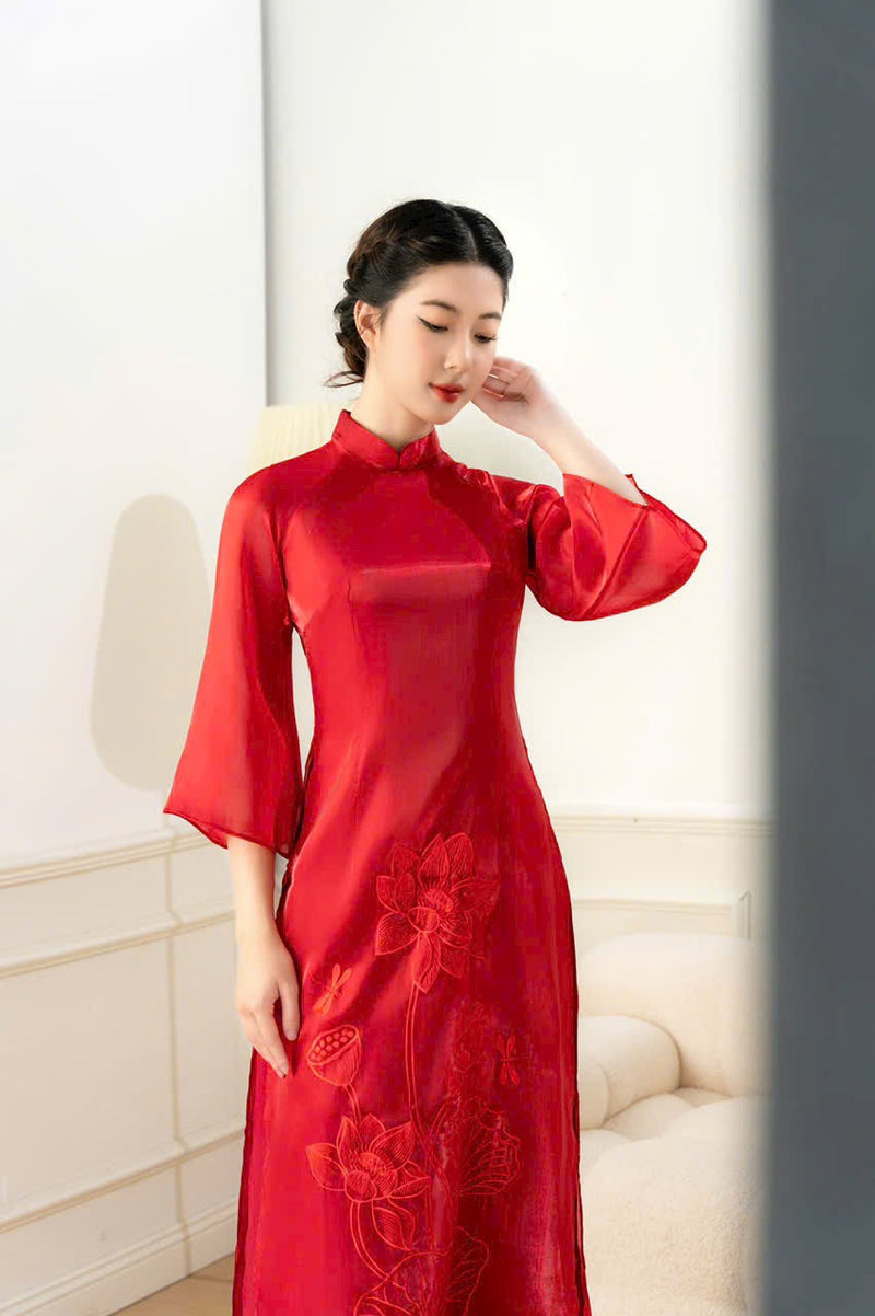 Modernized Dress | Áo Dài Cách Tân | Organza Silk Ao Dai | Red modern Ao Dai Tet