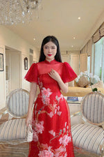 Red 3D Floral Chifon Ao Dai |  Modernized Dress | Áo Dài Cách Tân