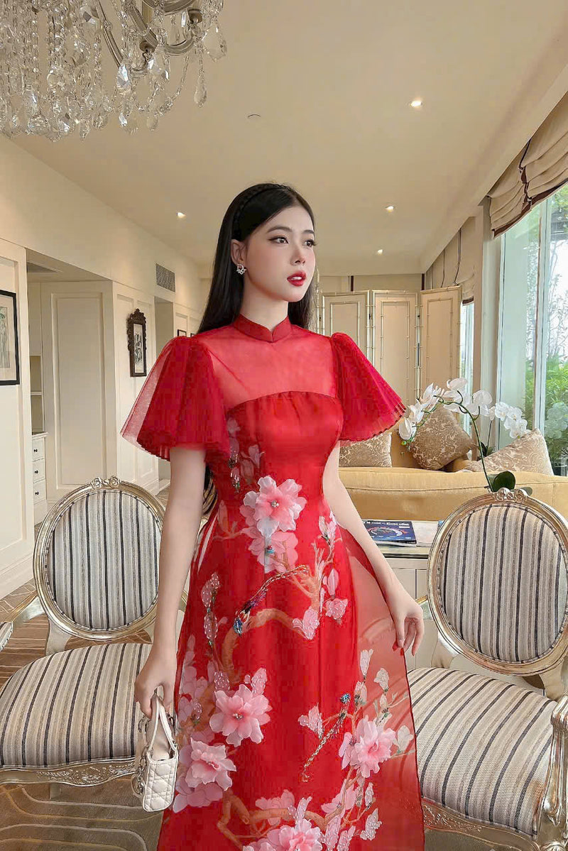 Red 3D Floral Chifon Ao Dai |  Modernized Dress | Áo Dài Cách Tân