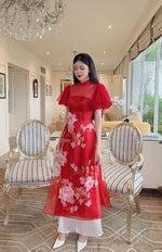 Red 3D Floral Chifon Ao Dai |  Modernized Dress | Áo Dài Cách Tân