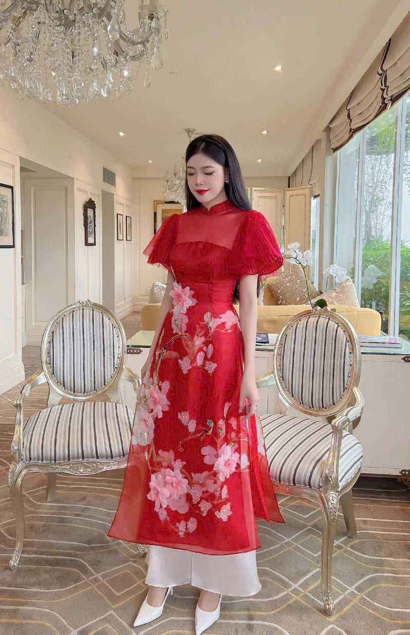 Red 3D Floral Chifon Ao Dai |  Modernized Dress | Áo Dài Cách Tân