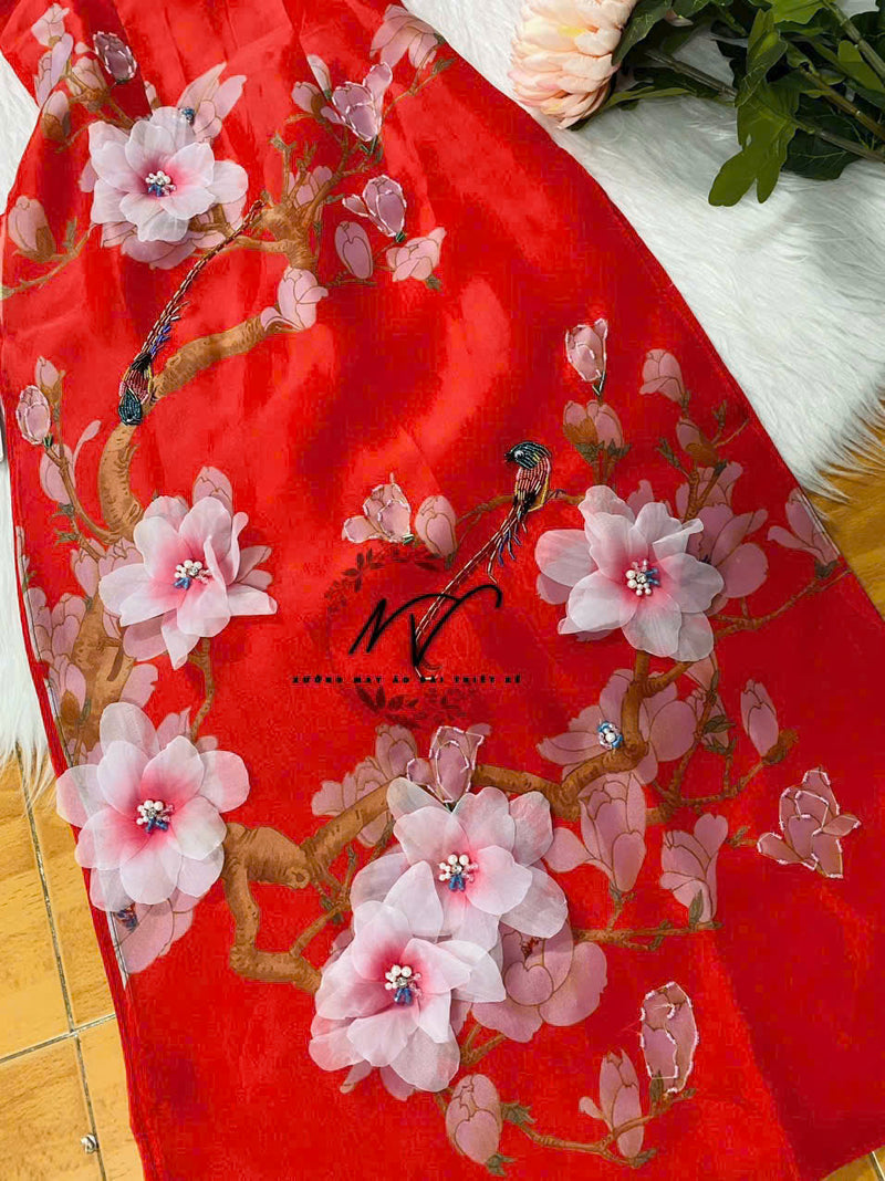 Red 3D Floral Chifon Ao Dai |  Modernized Dress | Áo Dài Cách Tân