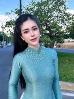 Green Pink Vietnamese Ao Dai - With Crystal | Ao Dai For Women | Ao Dai Viet Nam | Áo Dài Truyền Thống