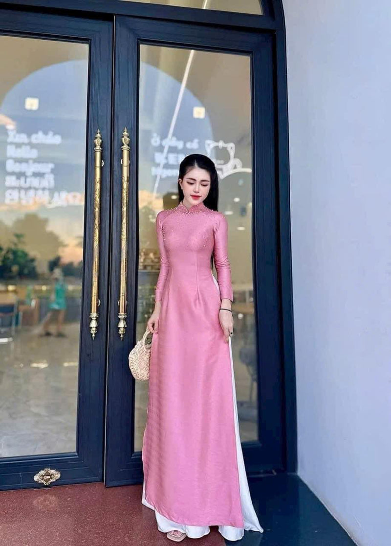 Green Pink Vietnamese Ao Dai - With Crystal | Ao Dai For Women | Ao Dai Viet Nam | Áo Dài Truyền Thống