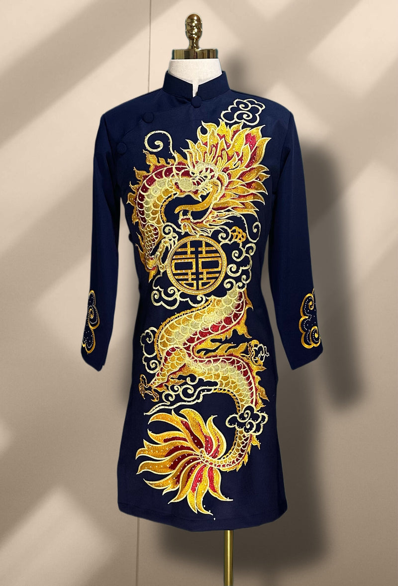 Navy Blue Dragon Embroidered Ao Dai For Men | Men Dress | Men's Ao Dai For Wedding | Áo Dài Nam