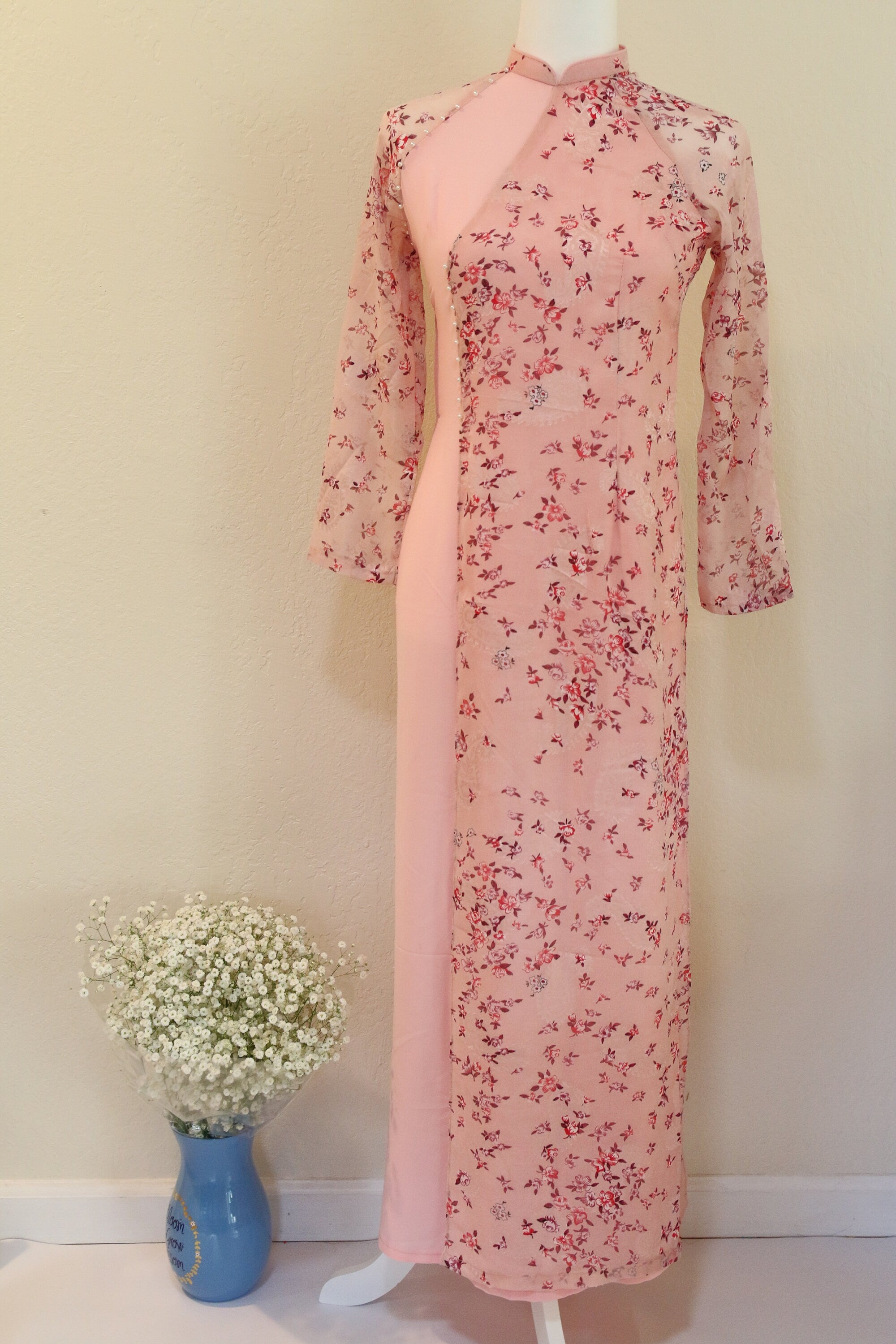 Pink Ao Dai Vietnamese Voan Double Layer Long Dress India