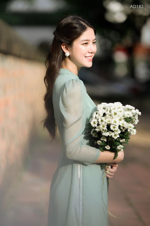 Minta Green Modern Ao Dai with Pearls No pants B21