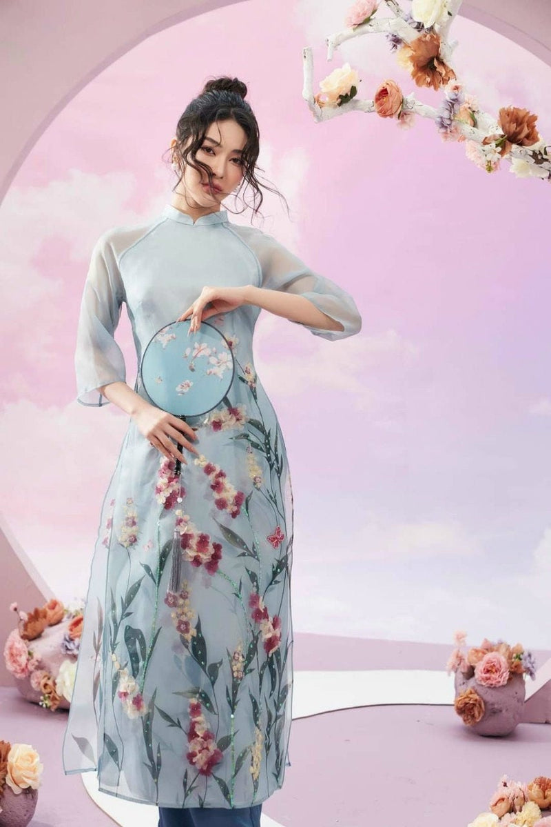 Vietnamese Modernized Dress | Lily 3D Floral Ao Dai Dress | Ao Dai Set