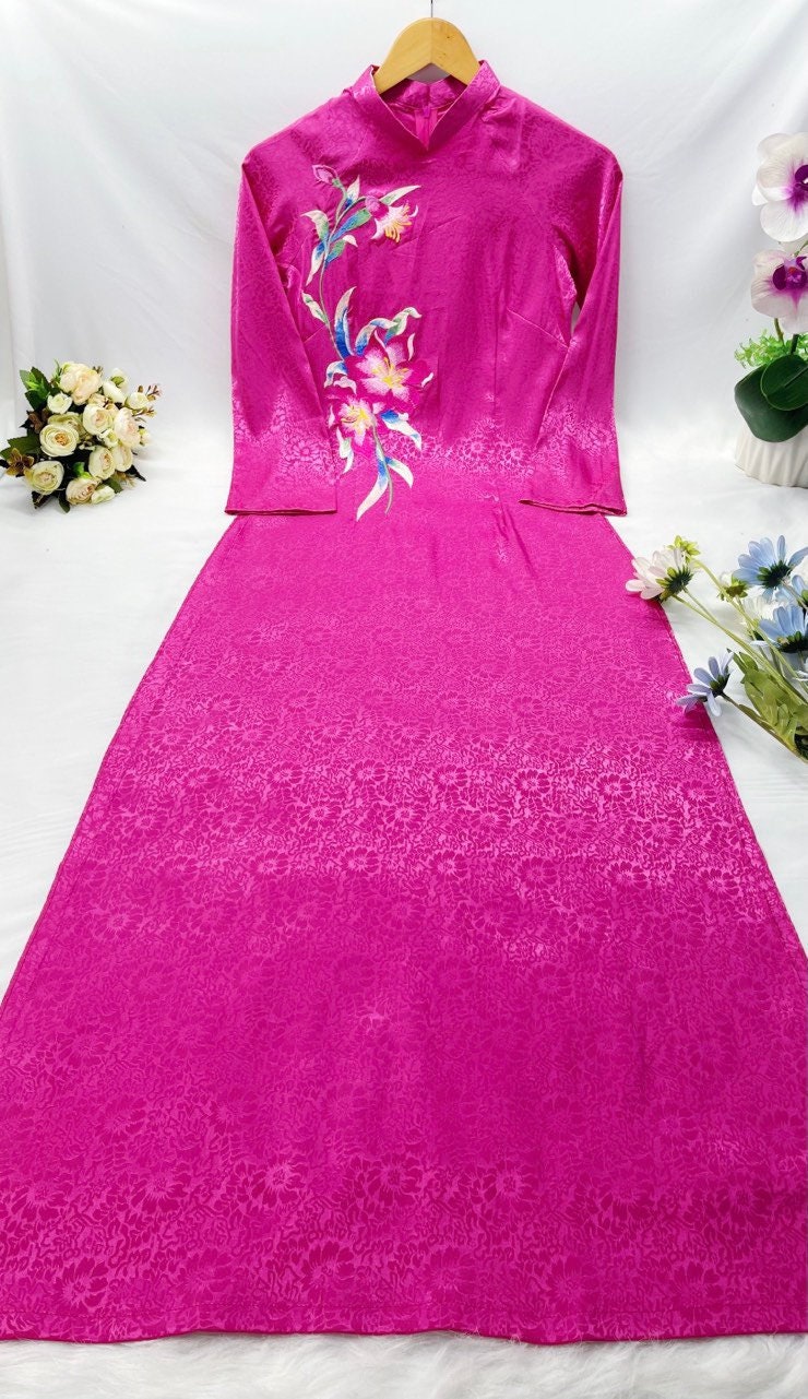 Pre-made: Pink/green Vietnamese Dress 4 Layers Small Flowers aodai Nguyen  Bo With Pantsready to Ship 